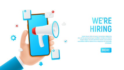 Wall Mural - we are hiring banner concept. mockup with cartoon hand, smartphon and icons. template of smart phone