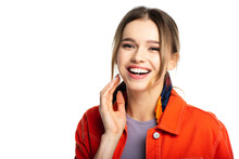 Young Woman In Orange Shirt Laughing Isolated On White