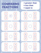 © yekaterinalim - Comparing fractions worksheet, math practice print page. Count and write.