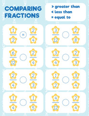 Wall Mural - Comparing fractions worksheet, math practice print page. Count and write.