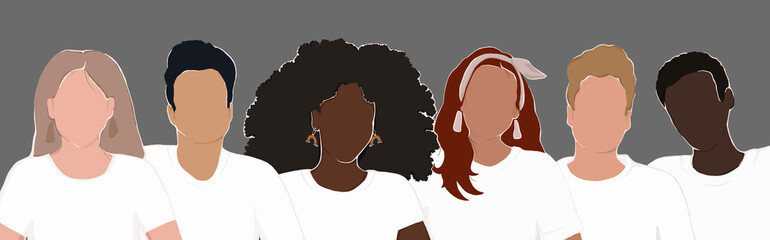 Wall Mural - a group of diverse people from different ethnic backgrounds are standing together wearing white T-shirts. all people are equal.  flat illustration.