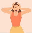 Young woman screaming and keeps hands on head. Face expression with negative emotions. Insane or annoyed woman shouting angrily with open mouth and closed eyes in despair. isolated Vector illustration