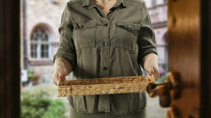 Canvas Print - Woman with kitchen tray and free space for your decoration. 