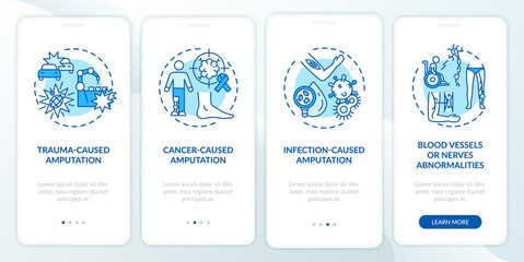 Amputation causes onboarding mobile app page screen with concepts. Tumor, blood vessels damage walkthrough 4 steps graphic instructions. UI, UX, GUI vector template with linear color illustrations
