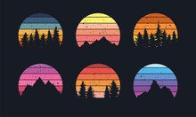 Retro Sunset Collection For Banner Or Print. 80s Style Retrowave Striped Circles With Mountains And Forest Trees