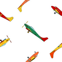 Seamless Pattern With Green, Red And Yellow Vintage Planes In Cartoon Style On White Background.
