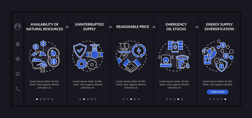 Energy secure factors onboarding vector template. Responsive mobile website with icons. Web page walkthrough 5 step screens. Supply diversification, price night mode concept with linear illustrations