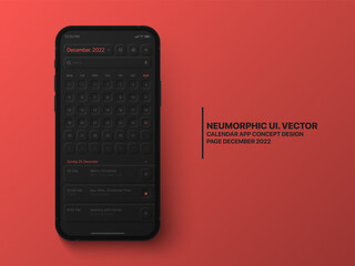 Wall Mural - vector calendar mobile app december 2022 conceptual ui neumorphic design dark mode on photo realisti