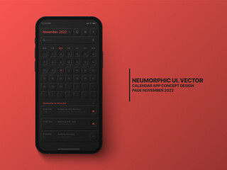 Wall Mural - vector calendar mobile app november 2022 conceptual ui neumorphic design dark mode on photo realisti