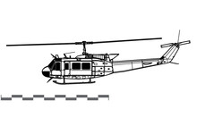 Bell UH-1H Iroquois, Huey. Vector Drawing Of Utility Helicopter. Side View. Image For Illustration And Infographics.