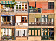 Picturesque Windows Of An Old Partments Building In Barcelona, Spain