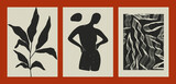 Fototapeta Boho - Mid century minimalist boho backgrounds. Art prints contemporary woman silhouette floral pattern. Vector abstract design