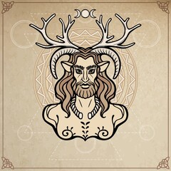 Wall Mural - Horned god Cernunnos . Mysticism, esoteric, paganism, occultism. Vector illustration. Background - imitation of old paper, a decorative circle.