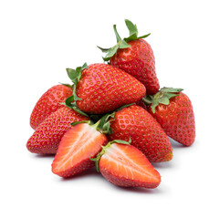 Sticker - Heap of fresh picked whole and half ripe red strawberries isolated on white background 