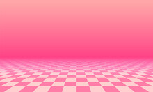 Abstract Checkered Floor In Pink Surreal Interior. Room With No Horizon And Tiled Floor.