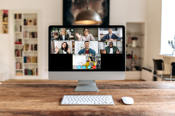 Wall Mural - Online education. View of monitor with multiracial people, female teacher conducts an online lecture, shows information on a whiteboard, students of different ages and nations gain knowledge online