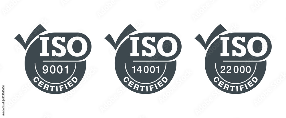 ISO certified stamps with big check mark - obrazy, fototapety, plakaty 