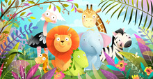 African Animals Jungle Safari Colorful Cartoon For Kids. Tropical Forest Or Savanna With Cute Baby Lion Giraffe Elephant And Crocodile, Funny Exotic Animals Poster. Vector Colorful Illustration.