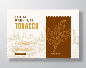 Wall Mural - Local Premium Tobacco Label Template. Abstract Vector Packaging Design Layout. Modern Typography Banner with Hand Drawn Leaves Branch and Rural Landscape Background. Isolated