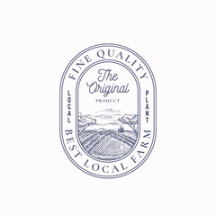 Wall Mural - local farm products retro frame badge or logo template. hand drawn rural farm landscape sketch with 