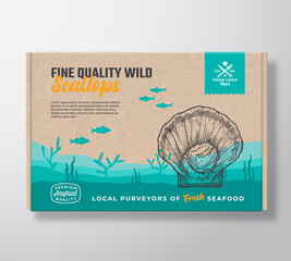 Poster - Fine Quality Seafood Cardboard Box. Abstract Vector Food Packaging Label Design. Modern Typography and Hand Drawn Scallop and Fishes Silhouettes. Sea Bottom Landscape Background Layout with Banner