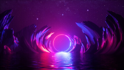 Wall Mural - 3d render, abstract cosmic neon background with glowing laser ring, rocks under the starry night sky and reflection in the water. Futuristic terrain, fantasy landscape