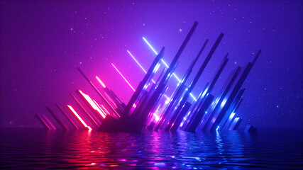 Wall Mural - 3d render, abstract cosmic background with neon light, starry night sky and water