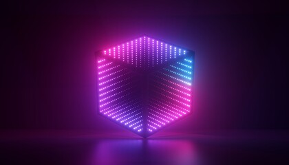 3d render, abstract background with cubic box and bright neon light. Performance stage decoration glowing in ultraviolet light