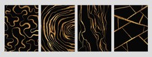 Golden Glitter And Black Abstract Marble Stone, Wood Design, Natural Texture, Waves, Curls, Geodes. Luxury Ink, Liquid Stains, Abstract Patterns For Covers, Branding Template.