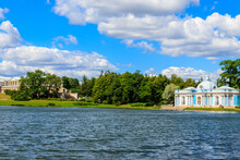 Grotto Pavilion And Cameron Gallery On A Shore Of Big Pond In Catherine Park At Tsarskoye Selo In Pushkin, Russia