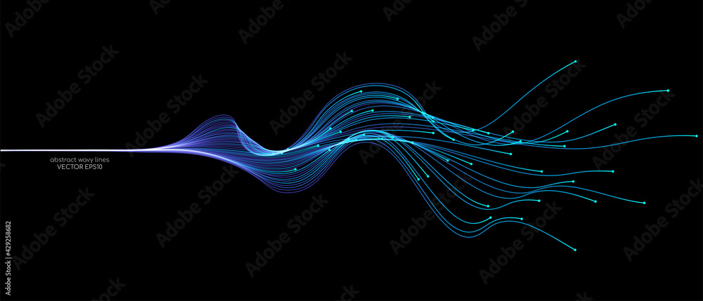 Vector abstract light lines wavy flowing dynamic in blue green colors isolated on black background for concept of AI technology, digital, communication, 5G, science, music - obrazy, fototapety, plakaty 