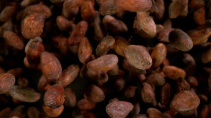 Poster - Super slow motion of exploding roasted cocoa beans up in the air with speed ramp effect. Filmed on high speed cinema camera, 1000fps.