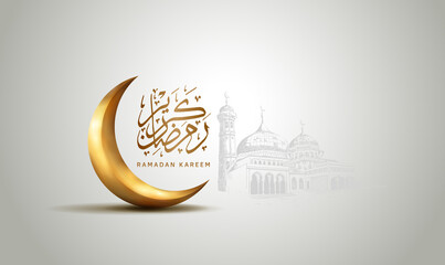 Canvas Print - Ramadan Design vector with calligraphy, mosque and moon golden color isolated on white background