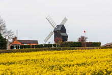 Dale Abbey, Ilkeston, UK, April,18,2021: The Cat And Fiddle Windmill In The Rural Landscape In Spring Time Pictured With A Field Of Rapeseed Plant.