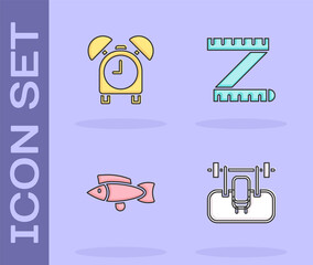 Sticker - Set Bench with barbel, Alarm clock, Fish and Tape measure icon. Vector