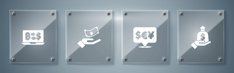 Sticker - Set Hand holding money bag, Currency exchange, and Cryptocurrency. Square glass panels. Vector