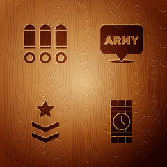 Poster - Set Dynamite and timer clock, Bullet, Military rank and army on wooden background. Vector