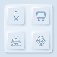 Sticker - Set line Tree, Solar energy panel, Drought and Hands holding Earth globe. White square button. Vector