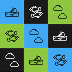 Poster - Set line Wrecked oil tanker ship, Cloud and Dead fish icon. Vector