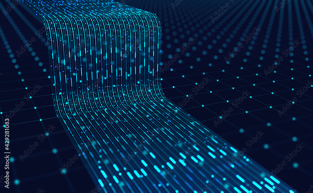 Stream, flow digital data. Big data analytics and business strategy for innovative solutions. 3D illustration of network structures, guides and nodes of information accumulation