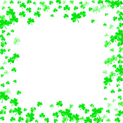 Clover background for Saint Patricks Day. Lucky trefoil confetti. Glitter frame of shamrock leaves. Template for flyer, special business offer, promo. Holiday clover background.