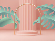 3d Rendered Podium For Your Product Showcase. Pink Shapes With Tropic Leaves. Vector 3d Illustration.