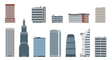 Office City Building Vector Set In Flat Style. Commercial Office, Corporate, Workplace Buildings And Skyscrapers. Isolated From Backgroun
