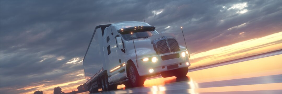 Semi Truck In Motion. Truck closeup on a highway. Trucking business concept. 3d illustration