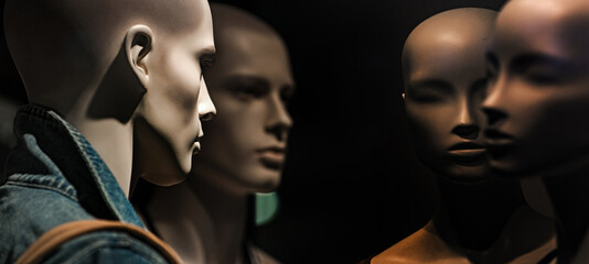 Group of head mannequin or dummy in fashion shop.