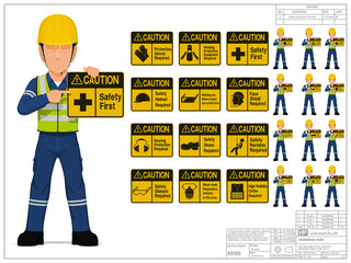 Wall Mural - Set of industrial worker is presenting warning sign on white background