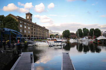 Sticker - St. Katharine Docks Marina, wonderful part of the London city situated in the calm marina with anchored ships by the Thames river