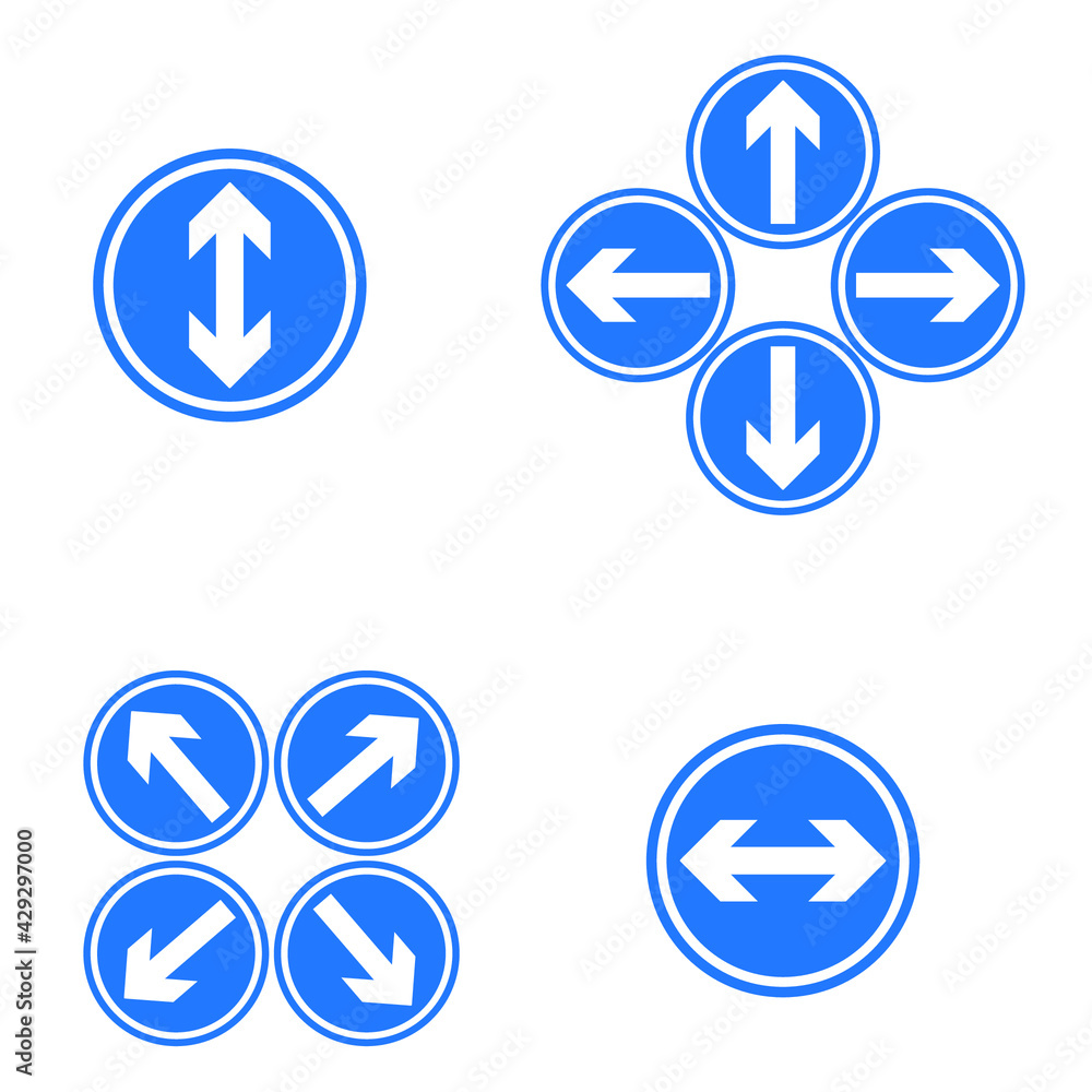 direction arrow signs for road traffic or industrial signage. Blue ...