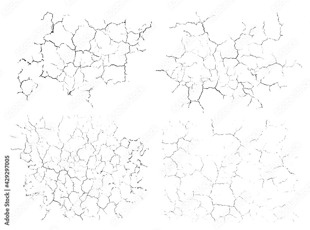 Natural cracks backgrounds. Vector overlay textures of cracked surface. One color graphic resources. - obrazy, fototapety, plakaty 