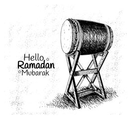 Canvas Print - Ramadan Mubarak illustration with traditional drum hand drawn on white background